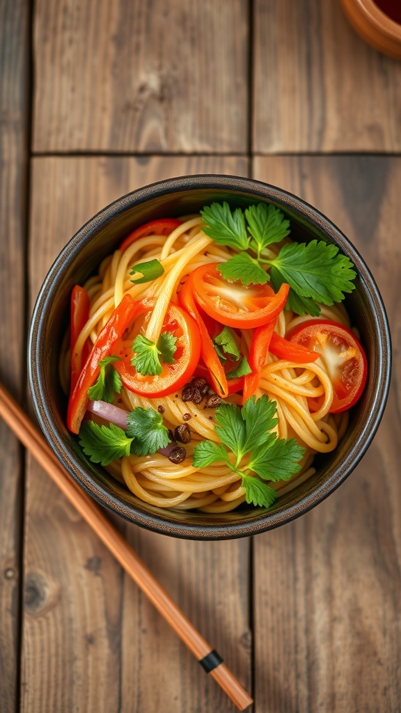 A colorful bowl of noodles with vegetables and herbs on a wooden table.